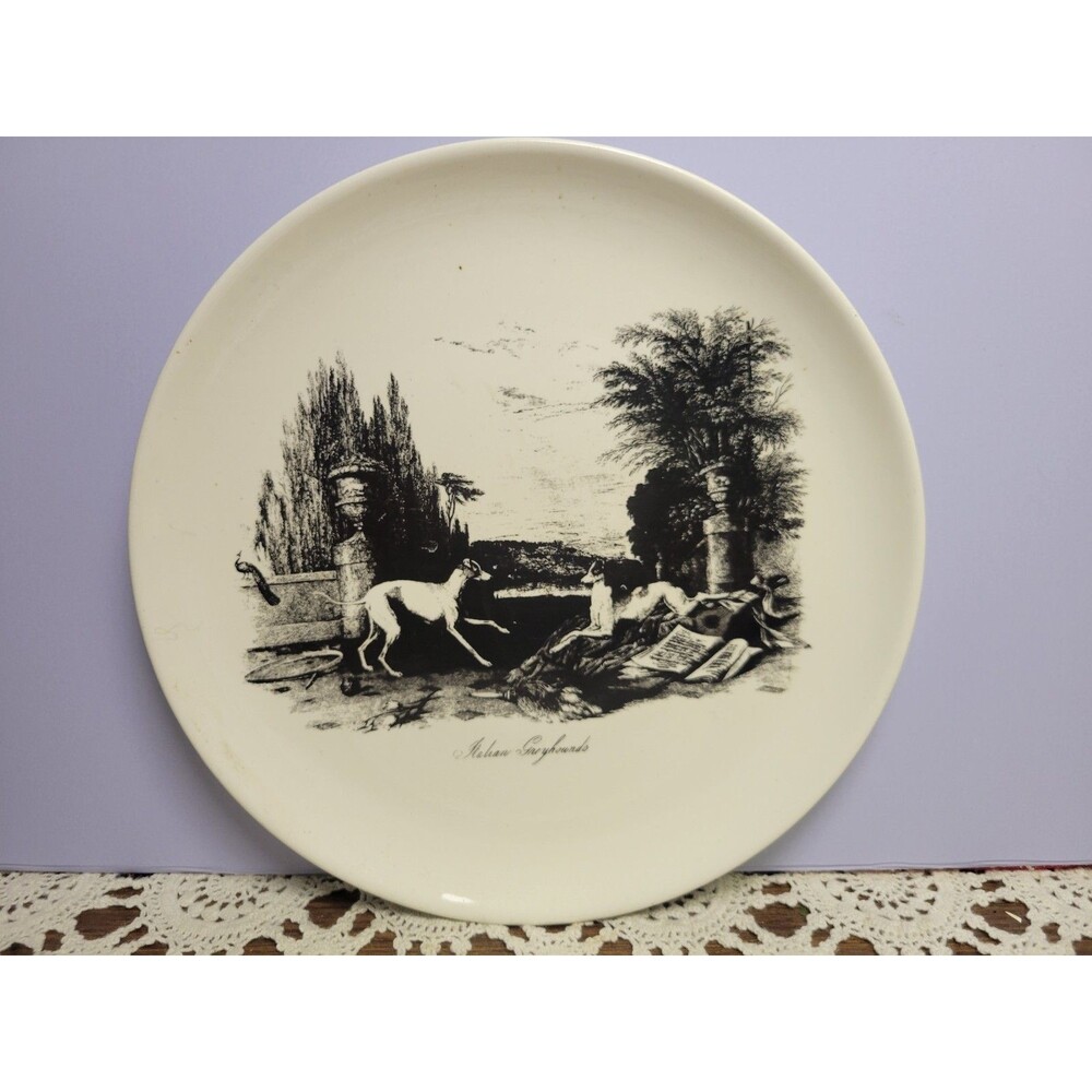 Antique  Georgian Creamware Black Transfer Dish Italian Greyhound  Artwork